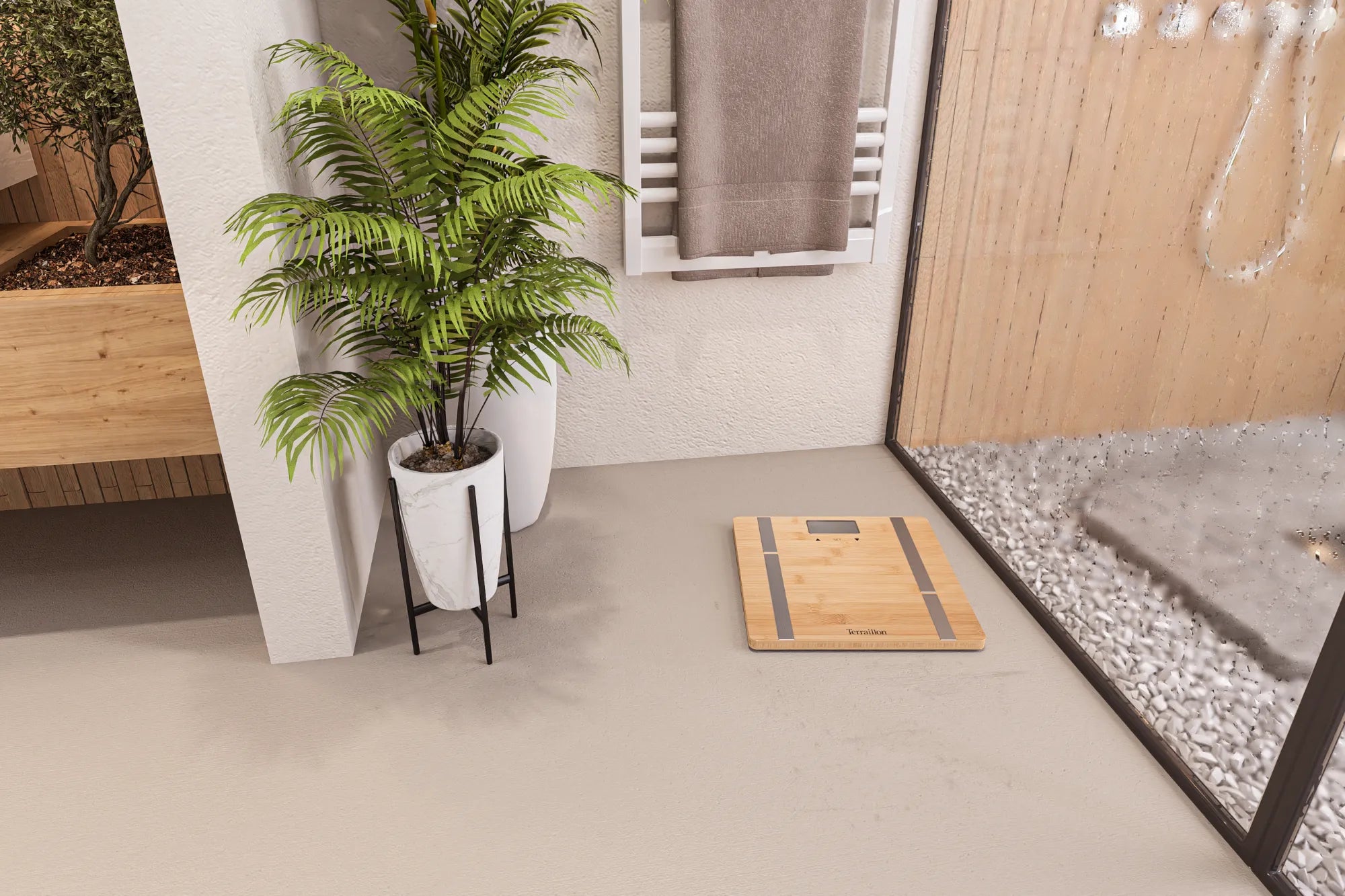 Pèse-personne impédancemètre BAMBOO FIT vue globale salle de bain 