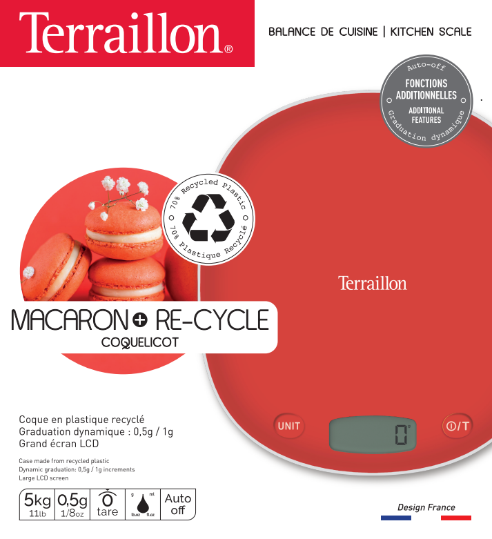 Balance de cuisine Terraillon MACARON+ RE-CYCLE ROUGE COQUELICOT sur